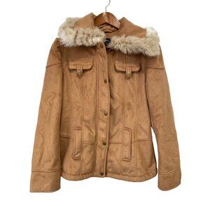 Montanaco Faux Suede Jacket Size Small Brown Faux Fur Collar Cozy Winter Chic